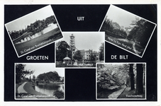 8061 Collage van gezichten te De Bilt:- De vijver bij het Koninklijk Nederlands Meteorologisch Instituut.- De ...